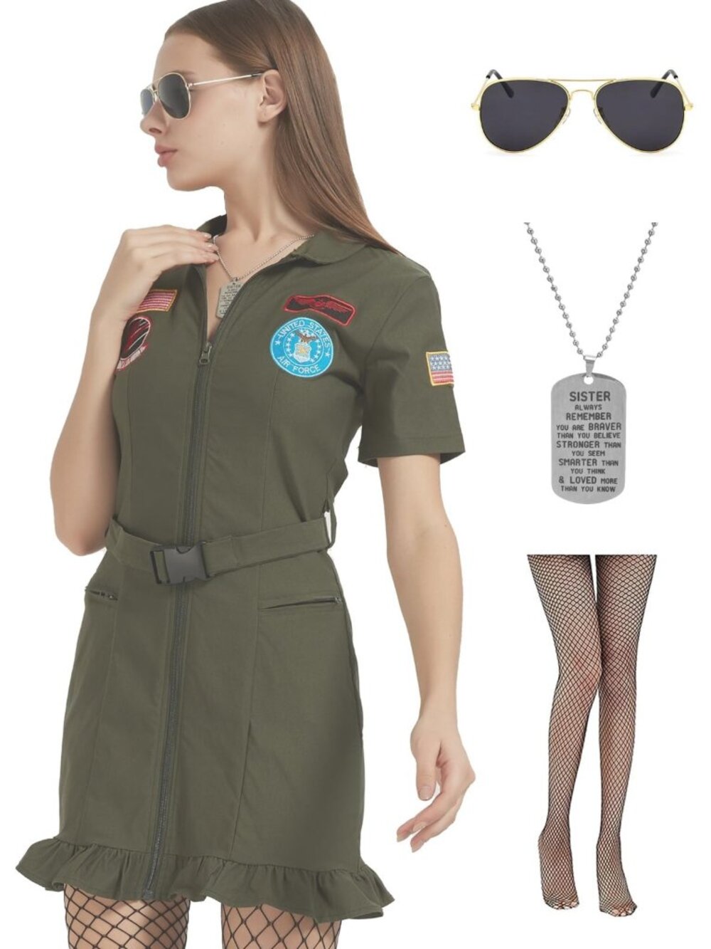 Flight Pilot Army Green Dress w/ Accessories Halloween Costumes Adult SMALL